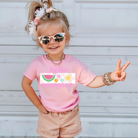 Hello Summer checkered pink Kids Summer Graphic Tee