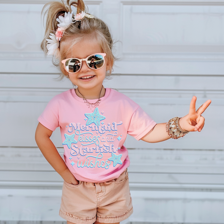 Mermaid Kisses and Starfish Wishes Kid Summer Graphic Tee