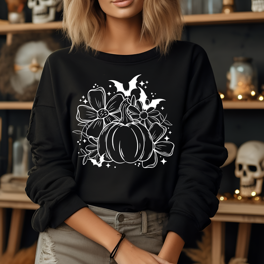 Pumpkin Outline Floral White Halloween Sweatshirt