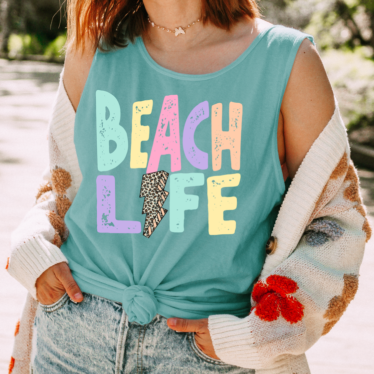 Beach Life Leopard Lightening Bolt Comfort Colors Tank Top