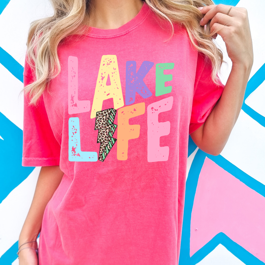 Lake Life Leopard Lightening Bolt Summer Comfort Colors Graphic Tee