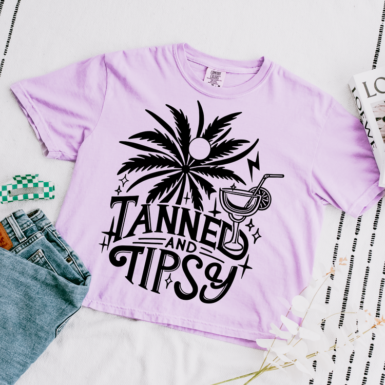 Tanned And Tipsy Black Cropped Comfort Colors Graphic Tee