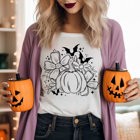 Pumpkin, Bats, Flowers Adult Graphic Tee