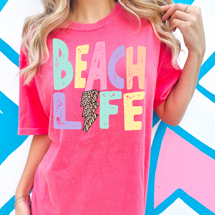 Beach Life Leopard Lightening Bolt Summer Comfort Colors Graphic Tee