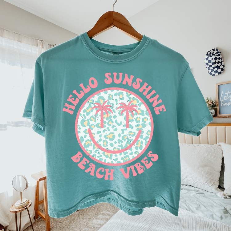 Hello Sunshine Beach Vibes Cropped Comfort Colors Graphic Tee