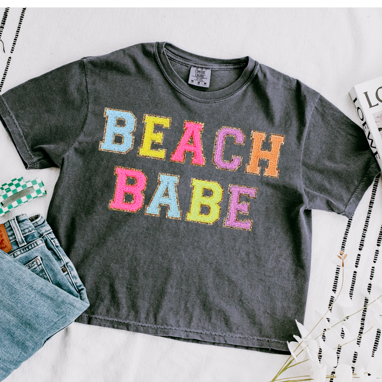 Beach Babe Faux Patches Cropped Comfort Colors Graphic Tee