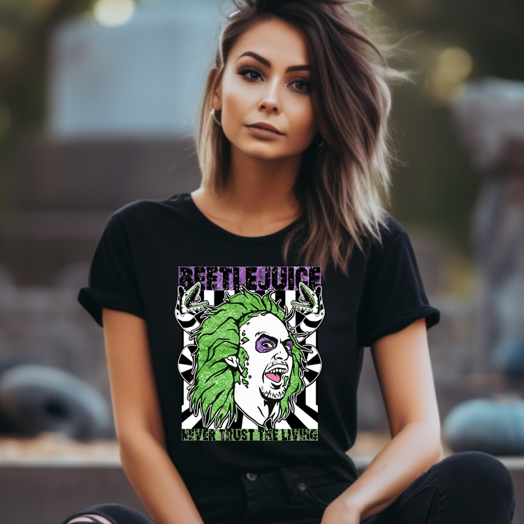 Beetle Juice Never Trust The Living Adult Graphic Tee