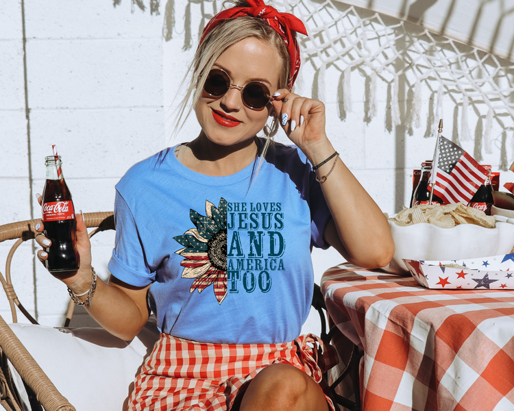 Loves Jesus and America Too 4th of July Patriotic Graphic Tee