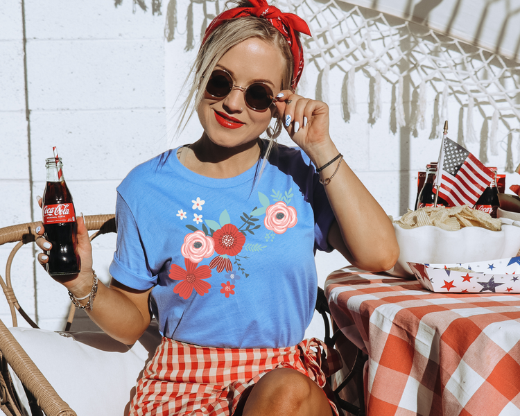 Floral Red, Pink 4th of July Patriotic Graphic Tee