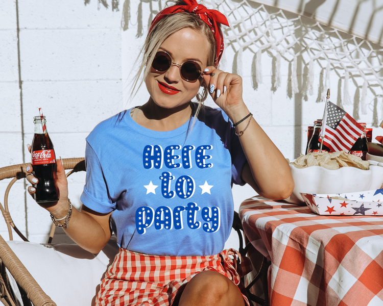 Here To Party  4th of July Patriotic Graphic Tee