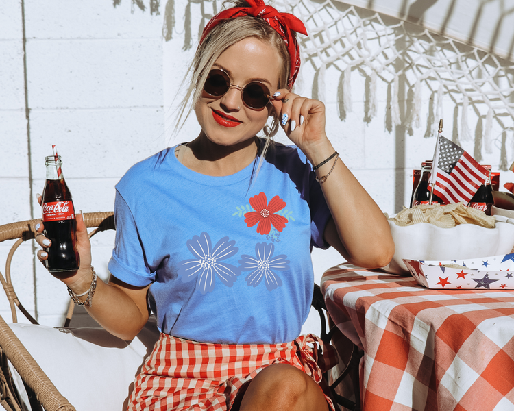 Foral Red, Blue 4th of July Patriotic Graphic Tee