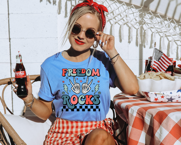 Freedom Rocks Checkered 4th of July Patriotic Graphic Tee