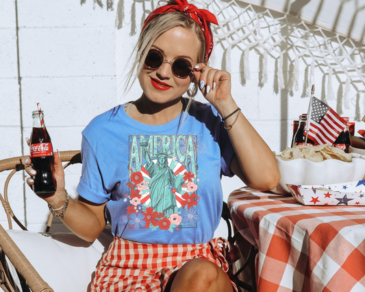 Floral Miss Liberty  4th of July Patriotic Graphic Tee