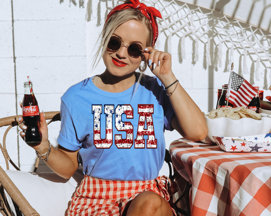 Faux Glitter USA Patriotic Graphic Tee