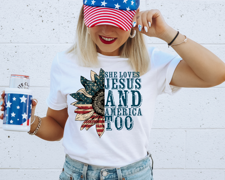 Loves Jesus and America Too 4th of July Patriotic Graphic Tee