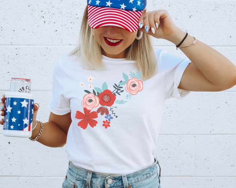 Floral Red, Pink 4th of July Patriotic Graphic Tee