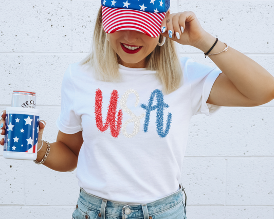 USA Glitter 4th of July Patriotic Graphic Tee