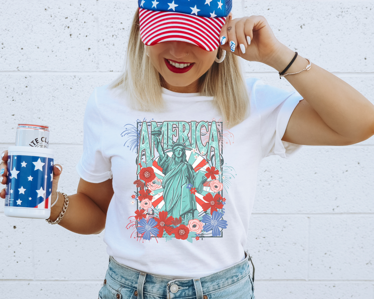 Floral Miss Liberty  4th of July Patriotic Graphic Tee