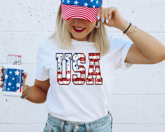 Faux Glitter USA Patriotic Graphic Tee