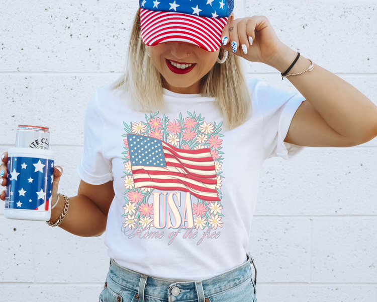 Floral Flag USA 4th Of July Patriotic Graphic Tee