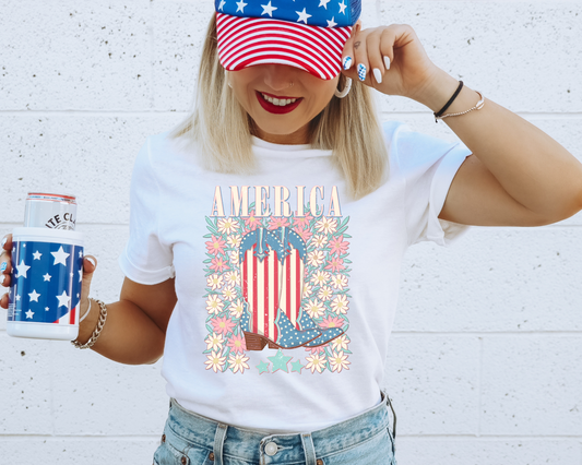 Floral Boots 4th Of July Patriotic Graphic Tee