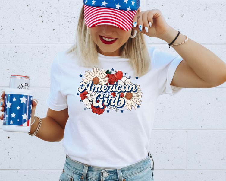 Floral American Girl 4th Of July Patriotic Graphic Tee