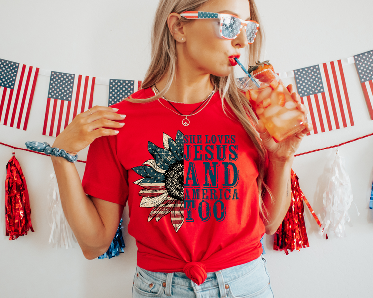 Loves Jesus and America Too 4th of July Patriotic Graphic Tee