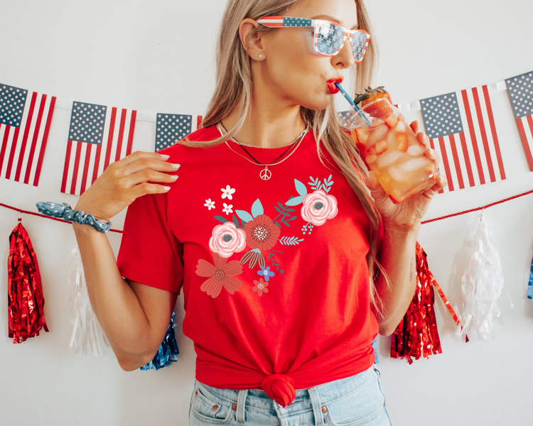 Floral Red, Pink 4th of July Patriotic Graphic Tee