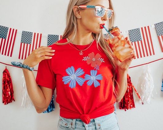 Foral Red, Blue 4th of July Patriotic Graphic Tee