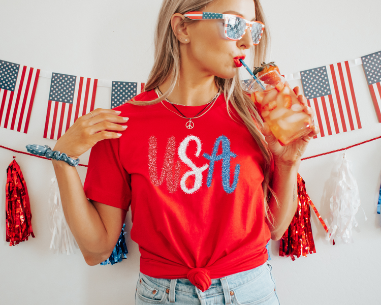 USA Glitter 4th of July Patriotic Graphic Tee