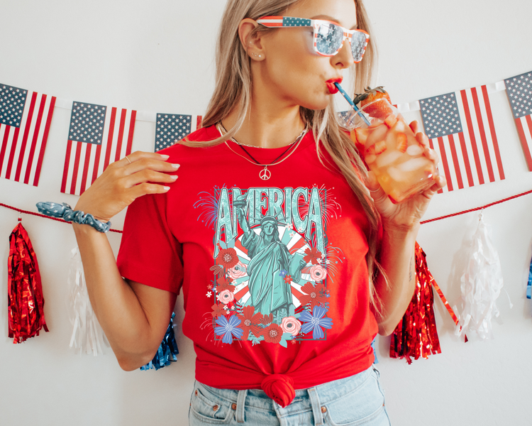 Floral Miss Liberty  4th of July Patriotic Graphic Tee