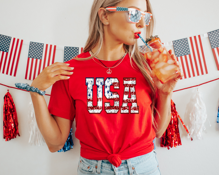 Faux Glitter USA Patriotic Graphic Tee