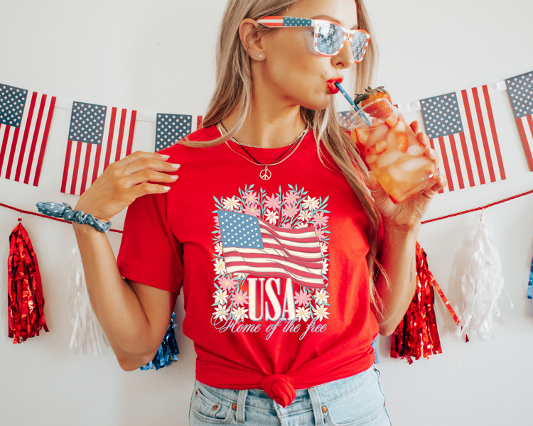 Floral Flag USA 4th Of July Patriotic Graphic Tee