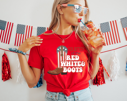 Red White and Boots  4th Of July Patriotic Graphic Tee