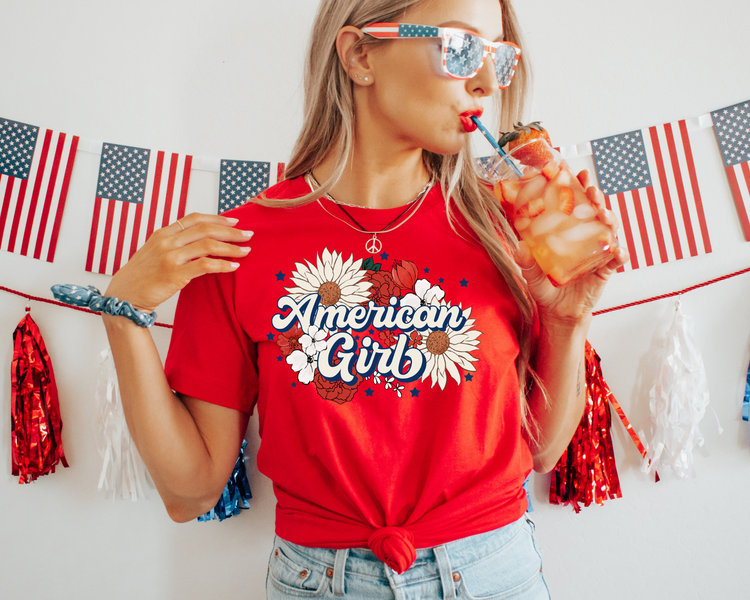 Floral American Girl 4th Of July Patriotic Graphic Tee