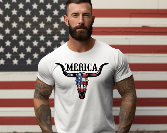 Merica Steer Mens 4th Of July Patriotic Graphic Tee