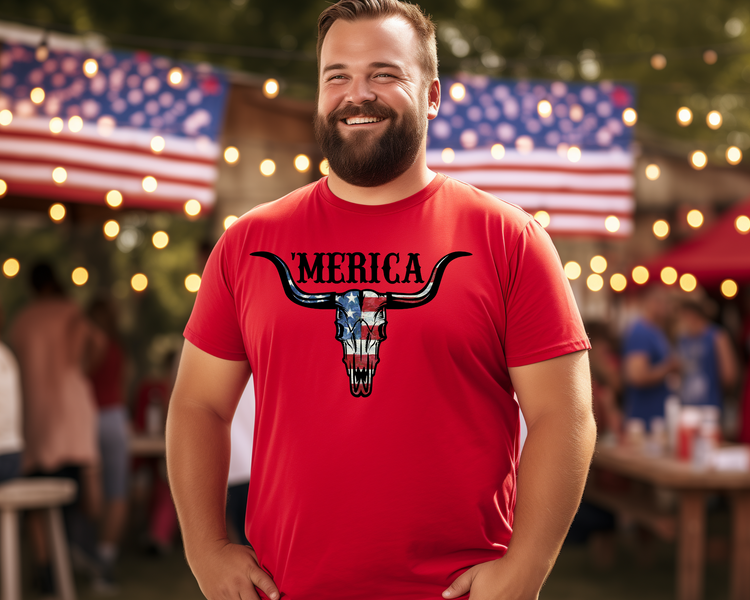 Merica Steer Mens 4th Of July Patriotic Graphic Tee