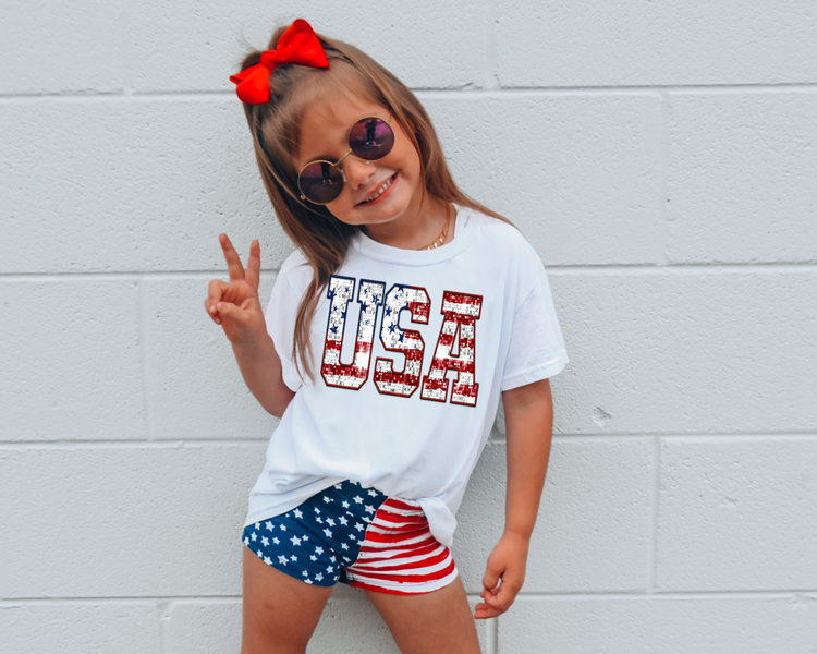 Faux Glitter USA Patch  4th Of July Kids Graphic Tee