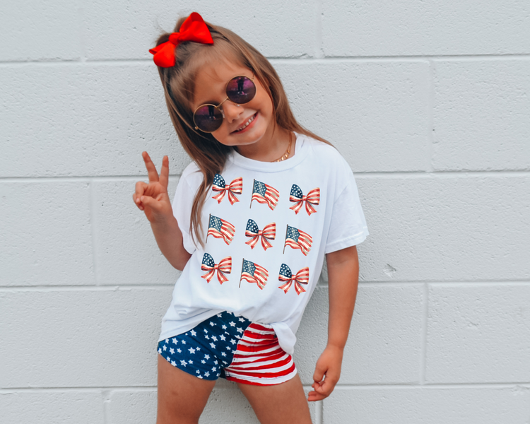 Bows and Flags Kids 4th Of July Kids Graphic Tee