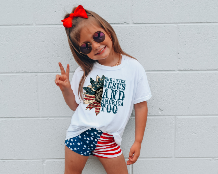 She Loves Jesus and America too 4th Of July Kids Graphic Tee