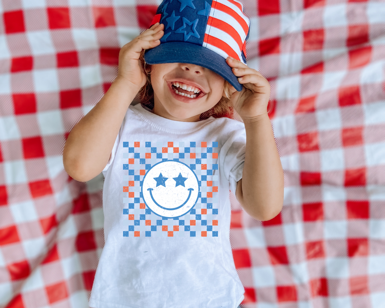 Red, White, Blue Smiley Tshirt 4th Of July Kids Graphic Tee