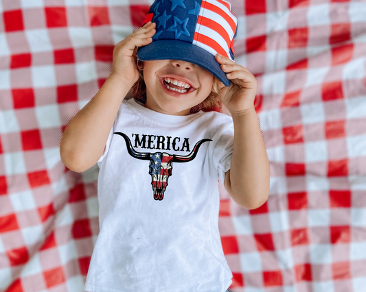 Merica Steer Kids 4th Of July Graphic Tee