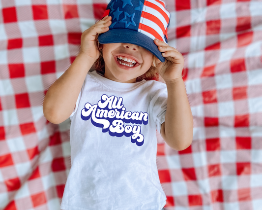 All American Boy White Blue 4th Of July Kids Graphic Tee