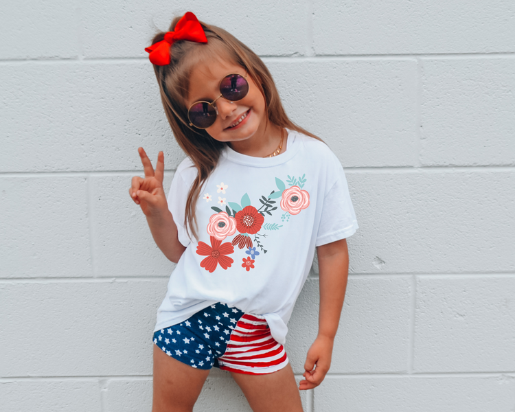 Floral Pink Red 4th Of July Kids Graphic Tee