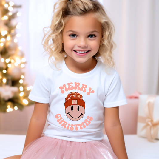 Merry Christmas Pink Smiley Kids Graphic Tee