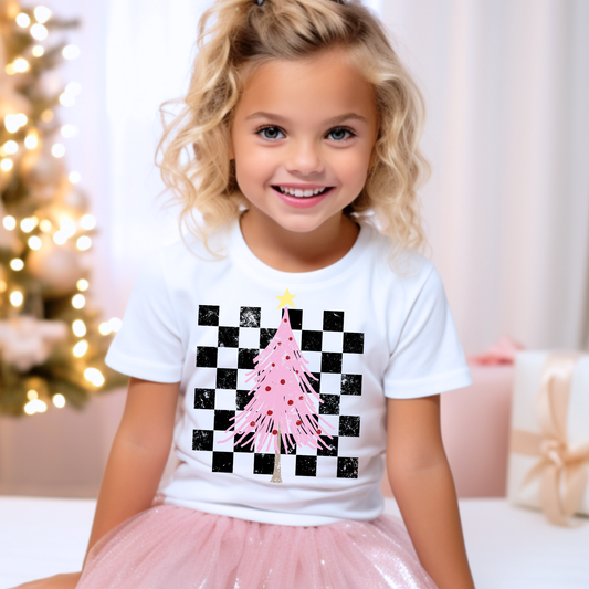 Checkered Pink Tree Kids Graphic Tee