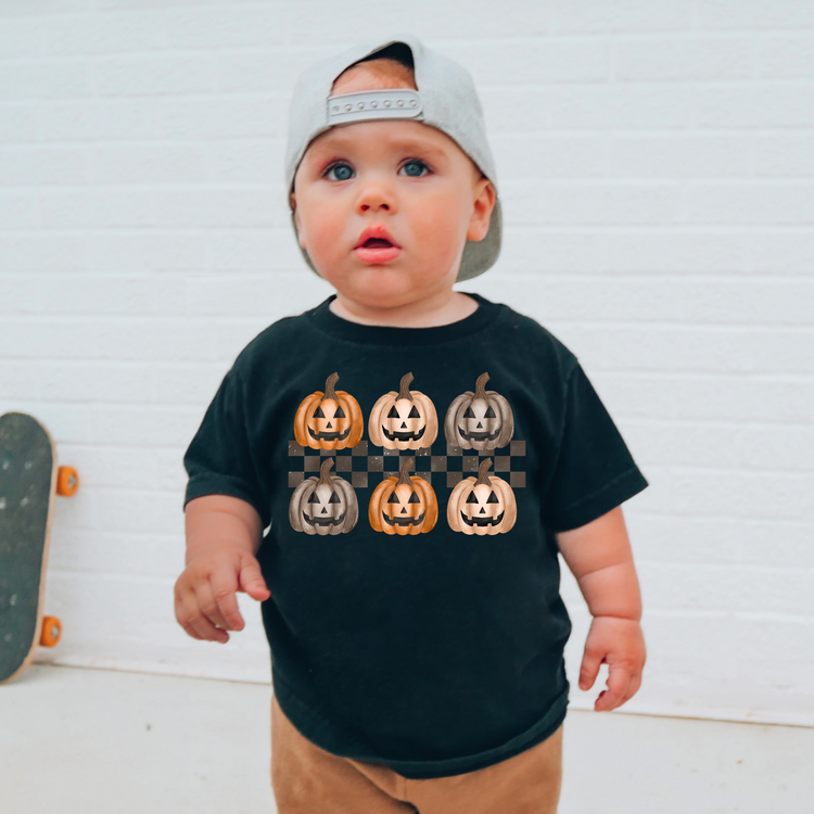 Checkered Pumpkin Halloween Kids Graphic Tee