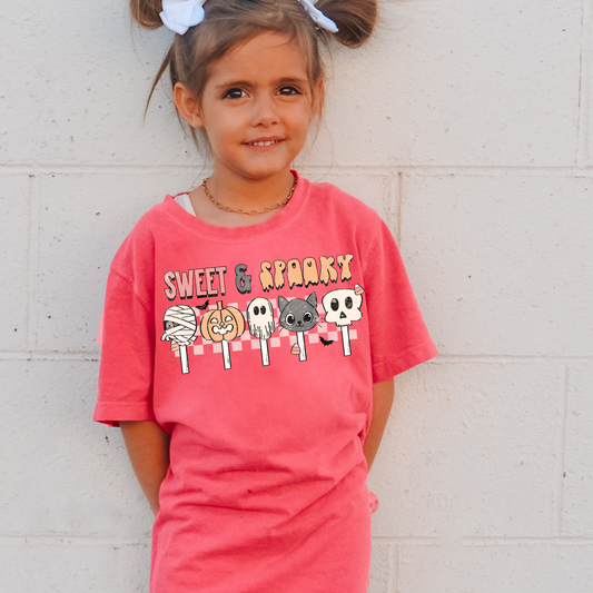 Sweet And Spooky Pink Comfort Colors Youth Halloween Graphic Tee