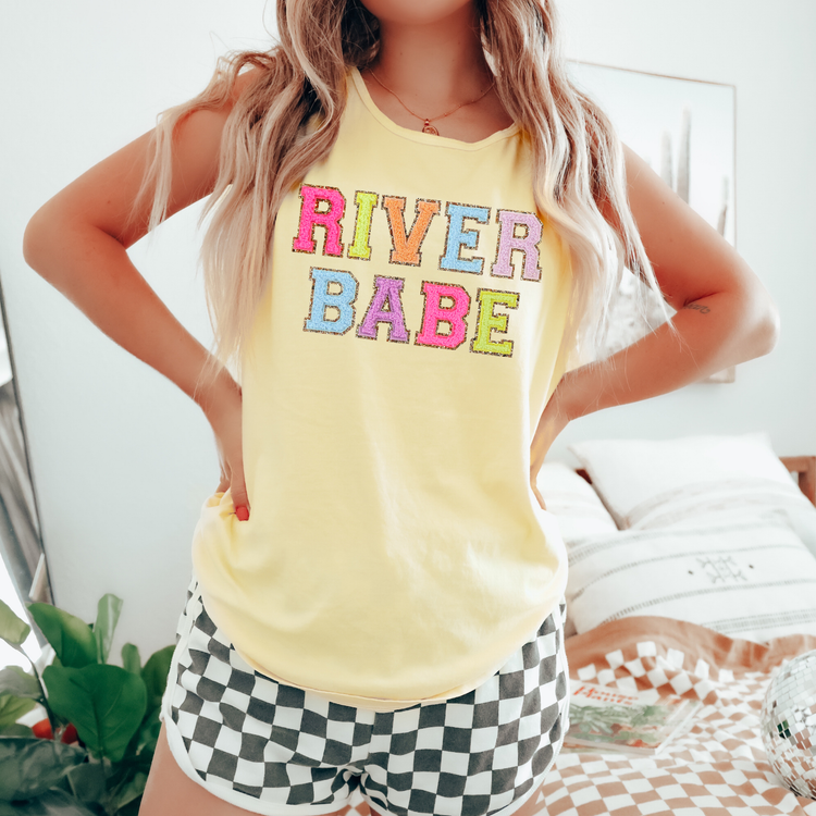 River Babe Faux Patches Comfort Colors Tank Top