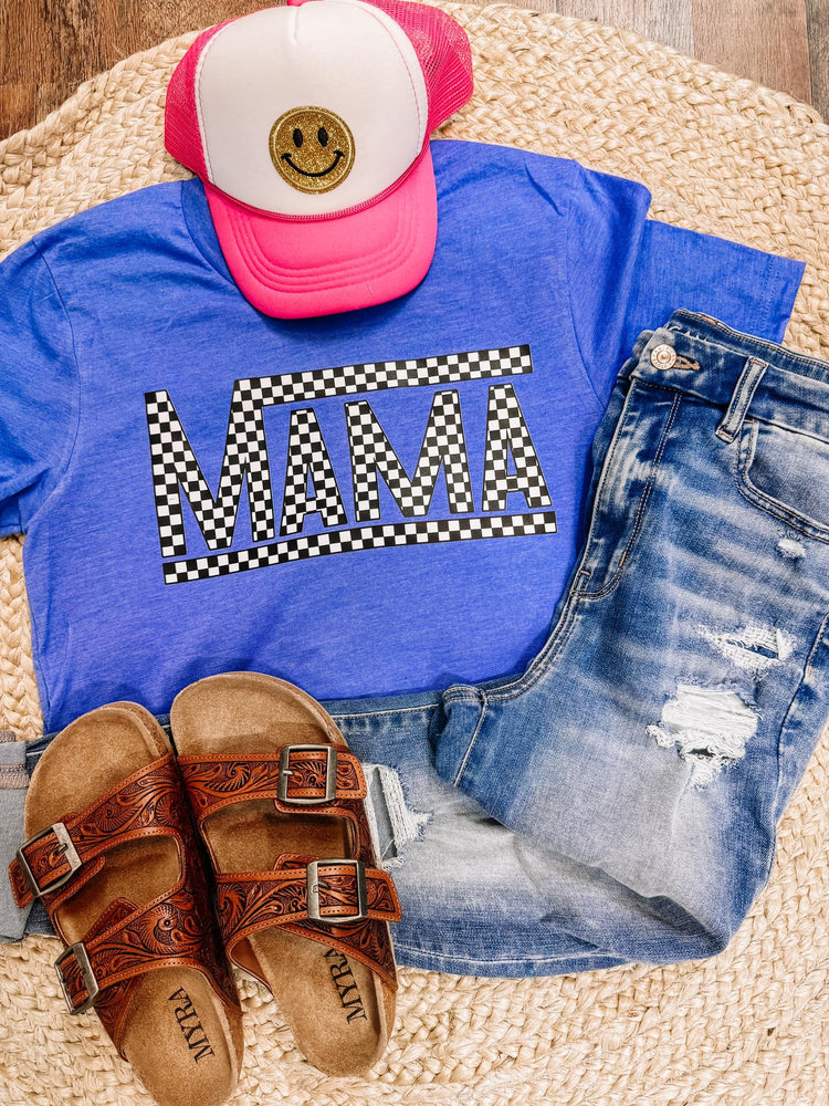 Blue Checkered Retro Mama Graphic Tee